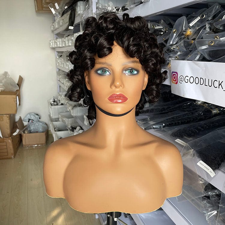 pixie cut / egg  1b Goodluck factory wholesaleIndian 100% Remy Raw Hair Short Pixie Curly Human Hair Wig Bob Wigs 8 Inch Full machine made pixie wig