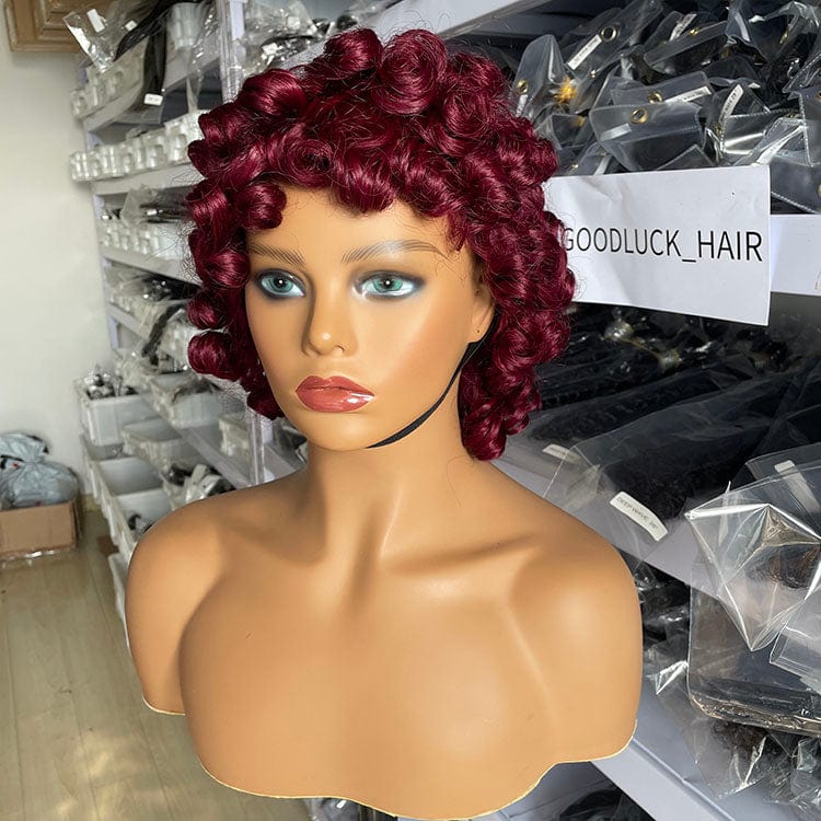 pixie cut / egg  99j Goodluck factory wholesaleIndian 100% Remy Raw Hair Short Pixie Curly Human Hair Wig Bob Wigs 8 Inch Full machine made pixie wig