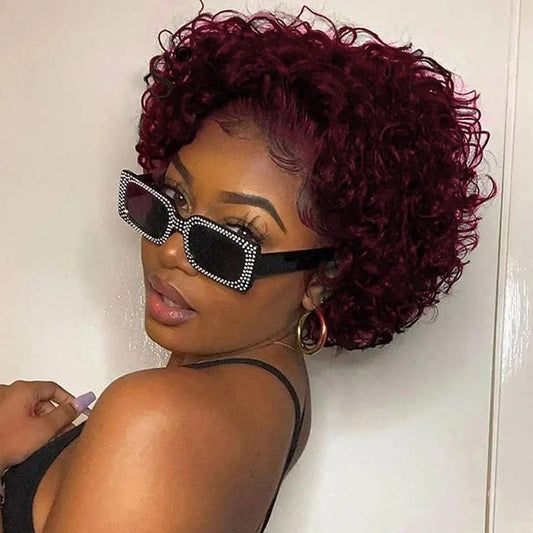 Pixie Cut Short Curly Bob 99J Burgundy Raw