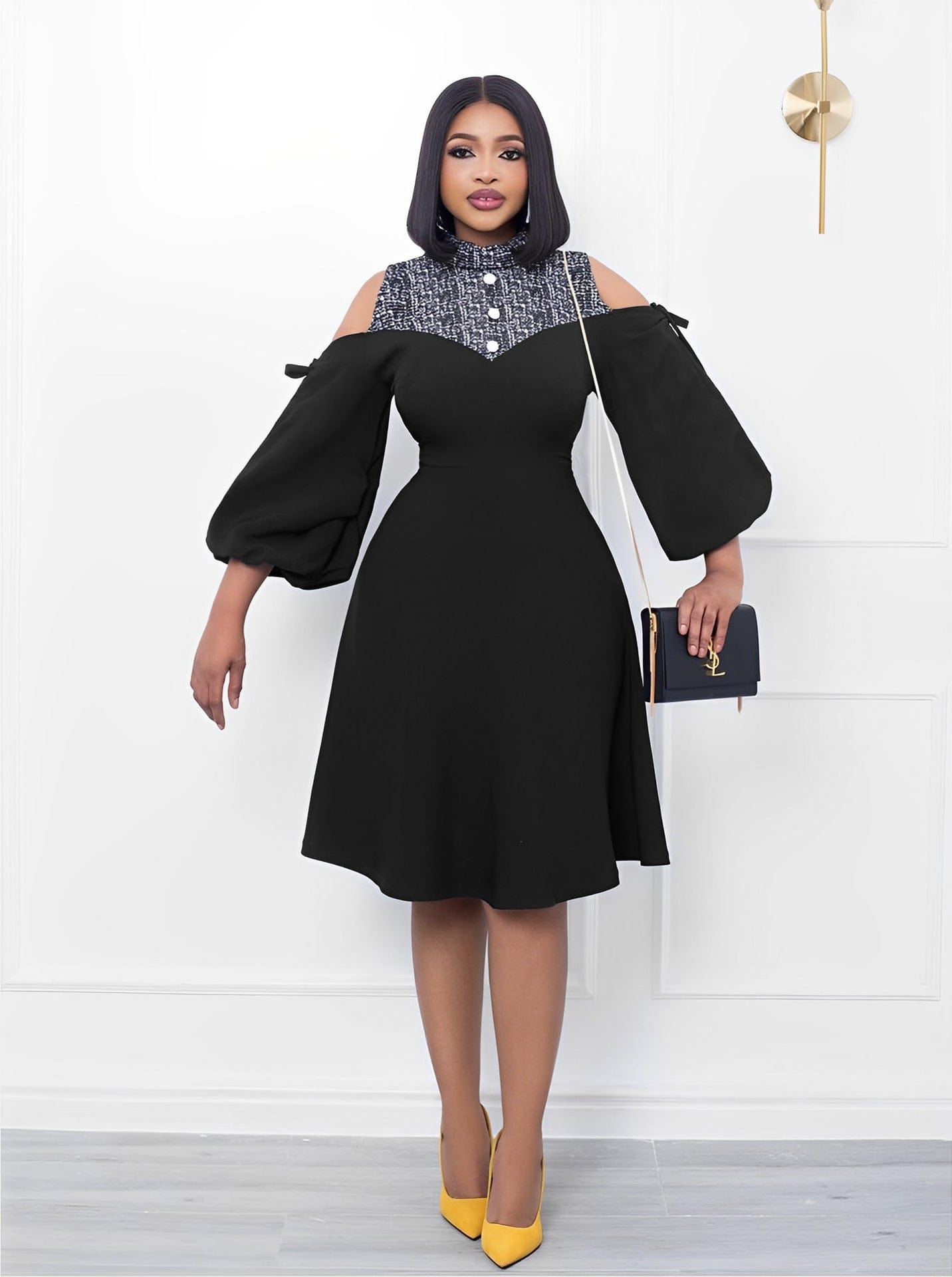 pls contact us to get better price / black C1104TA22 Office Style Casual Cold Shoulder Lantern Sleeve Print Spliced A-Line Dress Women Sehe Fashion