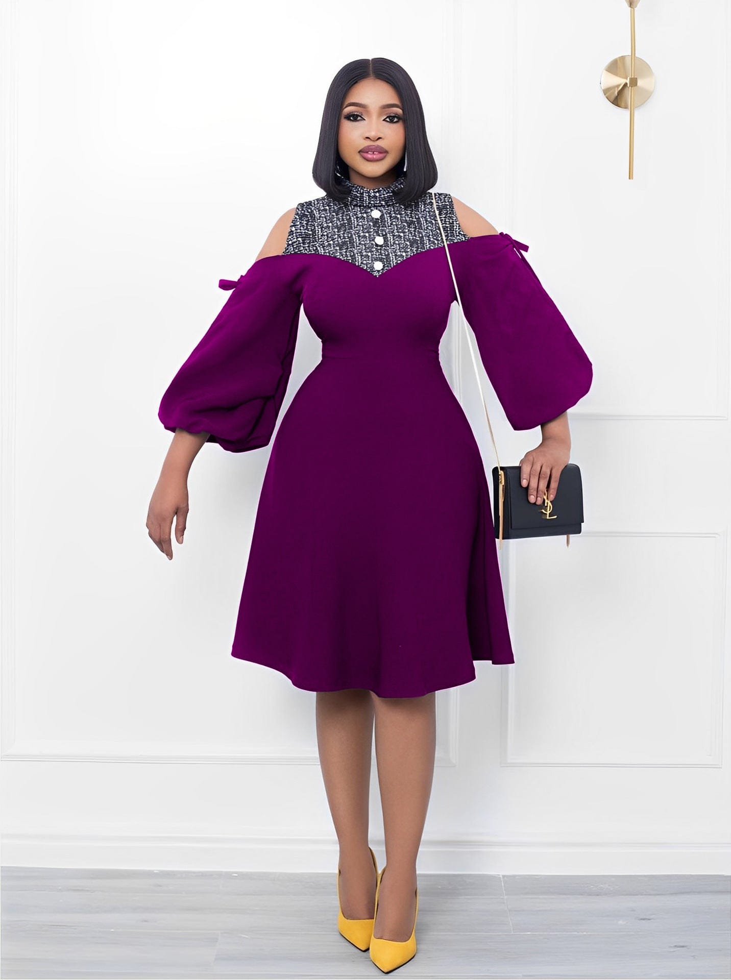 pls contact us to get better price / Purple C1104TA22 Office Style Casual Cold Shoulder Lantern Sleeve Print Spliced A-Line Dress Women Sehe Fashion