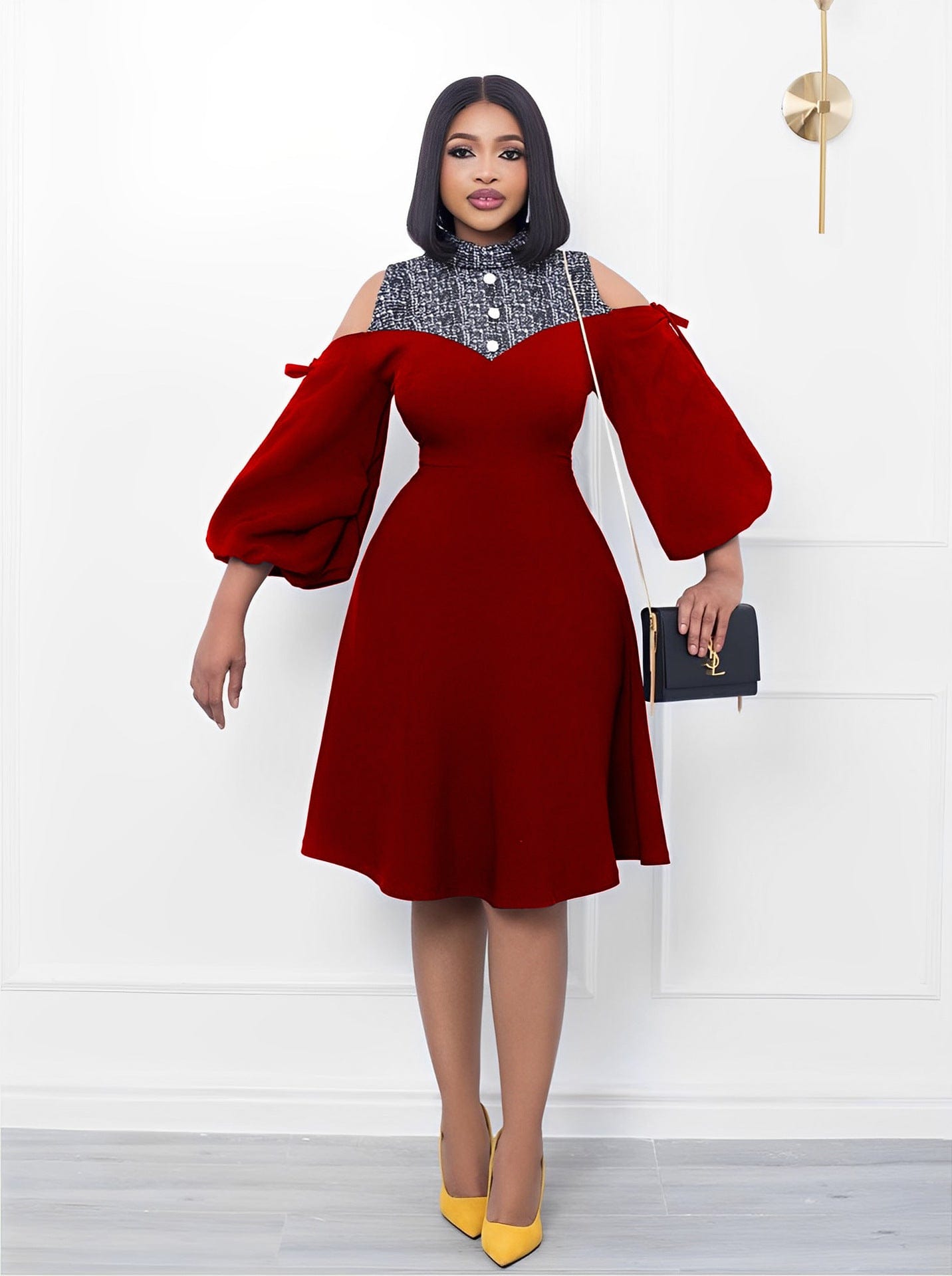 pls contact us to get better price / Red C1104TA22 Office Style Casual Cold Shoulder Lantern Sleeve Print Spliced A-Line Dress Women Sehe Fashion