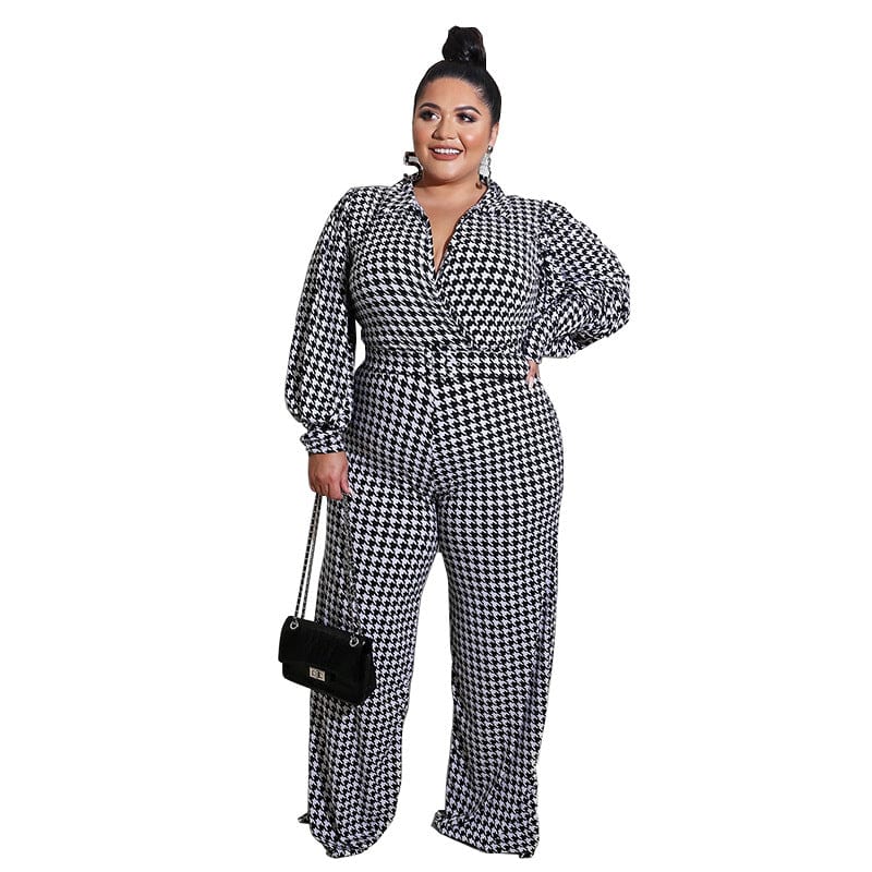 Plus Size Jumpsuit Women Elegant Turn Down Collar Houndstooth Print Romper Ladies Casual Puff Sleeve Full Playsuit Fat Big Size