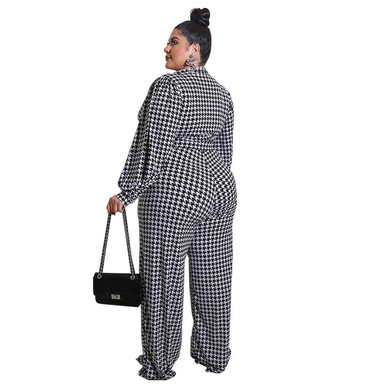 Plus Size Jumpsuit Women Elegant Turn Down Collar Houndstooth Print Romper Ladies Casual Puff Sleeve Full Playsuit Fat Big Size