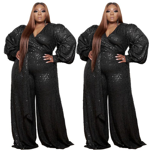 Plus Size Jumpsuit Women Sexy V Neck Long Sleeve Sequin Trim Romper Lady Bandage Loose Full Playsuit Big Size Fat 4XL