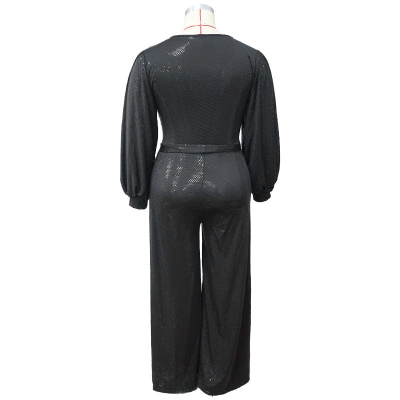 Plus Size Jumpsuit Women Sexy V Neck Long Sleeve Sequin Trim Romper Lady Bandage Loose Full Playsuit Big Size Fat 4XL