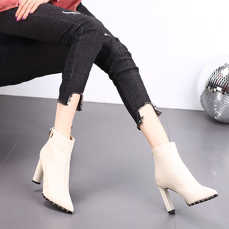 Pointed toe high heels thick heel short boots women 2023 autumn and winter new thin and all-match plus velvet Martin boots