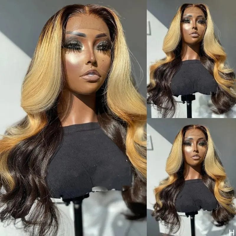 Popularity Loose Body Wave Ombre Honey Brown Blonde Highlight Virgin Burmese Cuticle Aligned Hair Lace Front Wigs