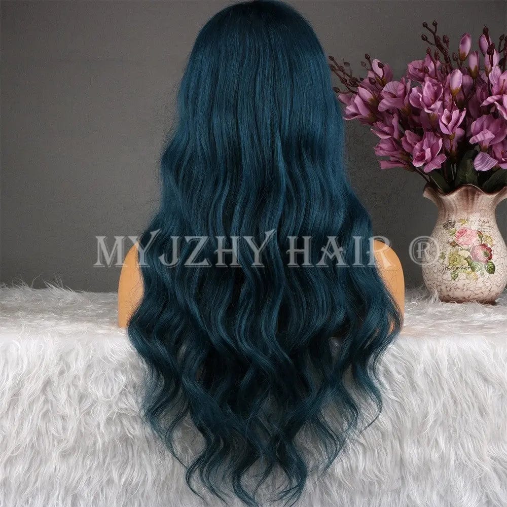 Pre Plucked Dark Blue Body Wave Premium Vietnam Human Hair With Bangs Cuticle Aligned Lace Front Wigs