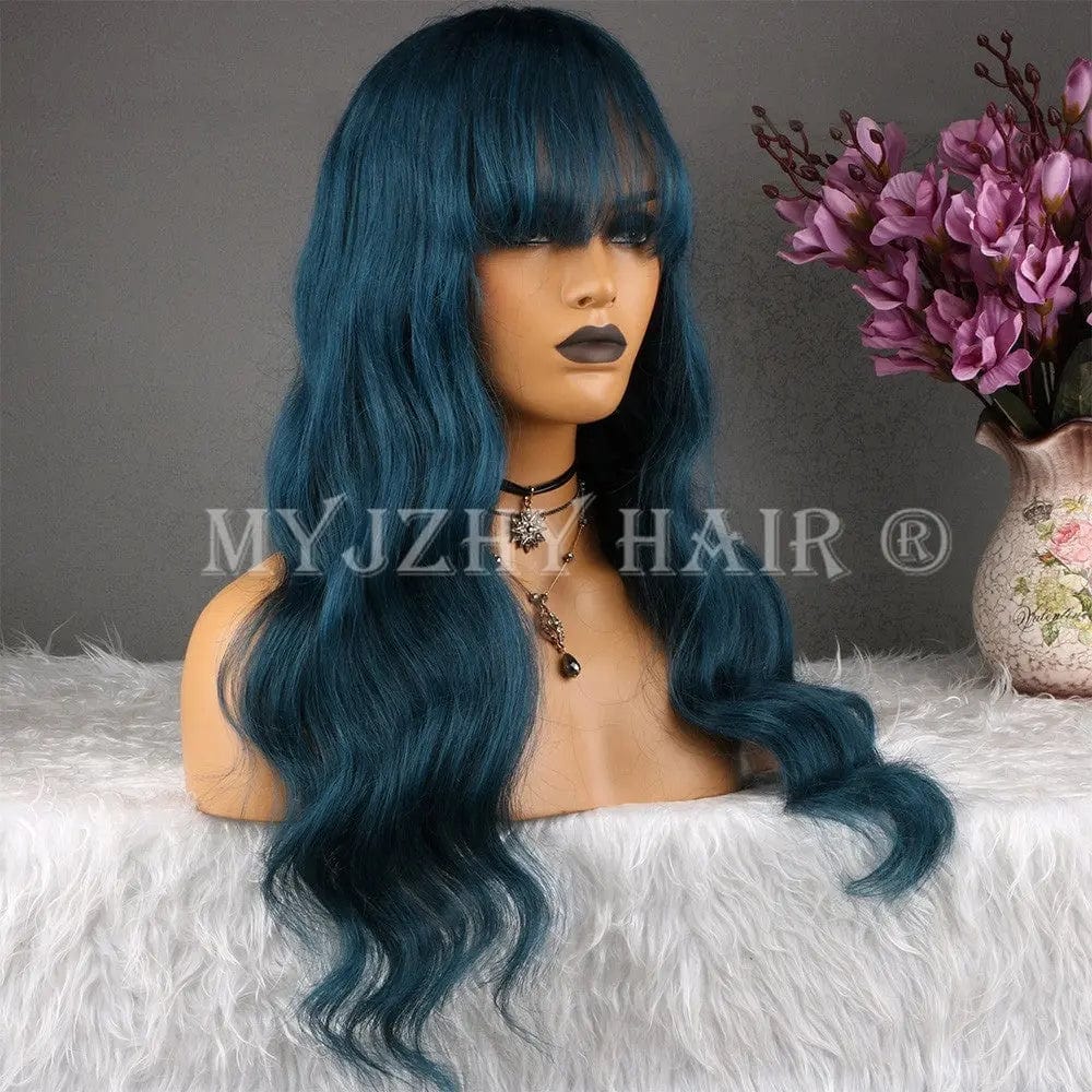 Pre Plucked Dark Blue Body Wave Premium Vietnam Human Hair With Bangs Cuticle Aligned Lace Front Wigs