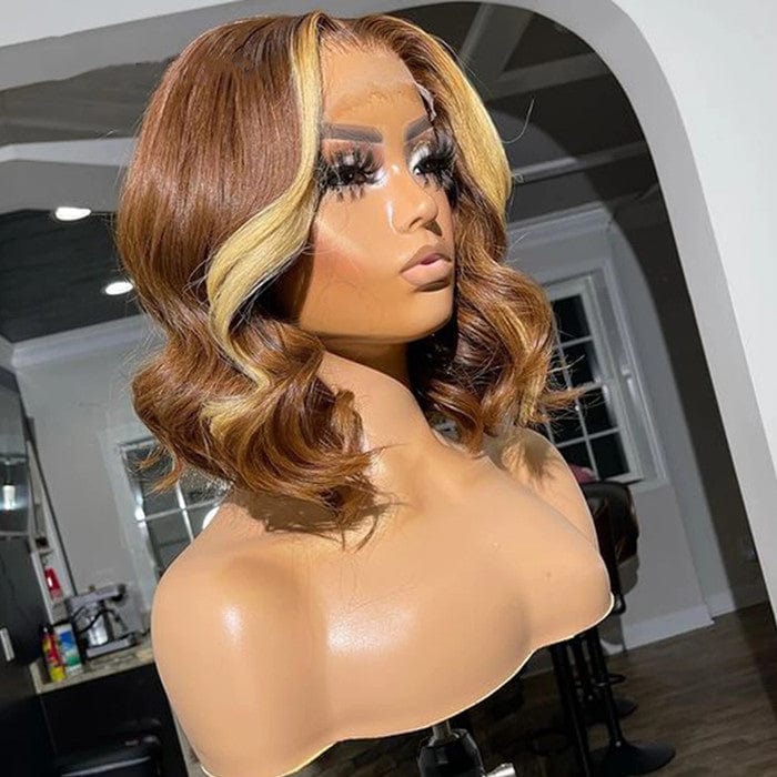 Pre Plucked Honey Brown Wave Short Bob Wig Full Ends Remy Health Human Hair Swiss Lace Front Wigs