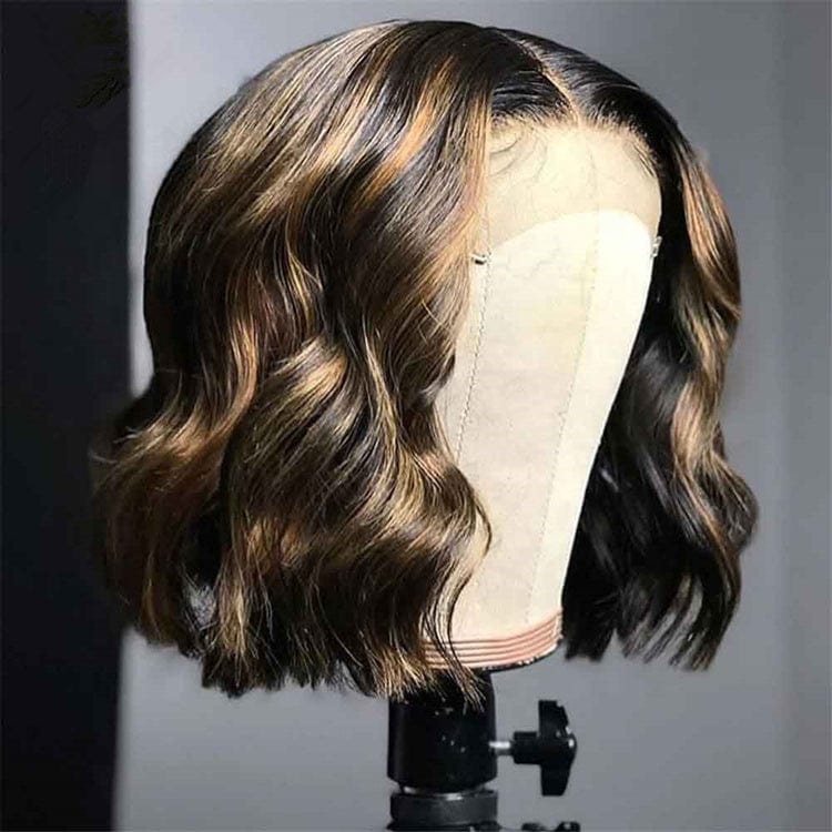 Pre Plucked Honey Brown Wave Short Bob Wig Full Ends Remy Health Human Hair Swiss Lace Front Wigs