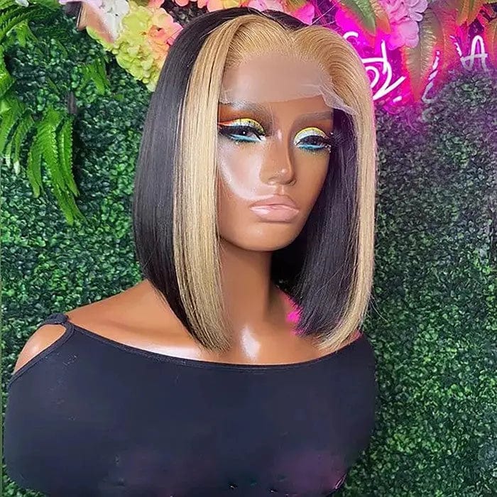 Pre Plucked Short Bob Wigs Highlights Black Straight Human Hair 13*4 Lace Front Wigs for Black Women