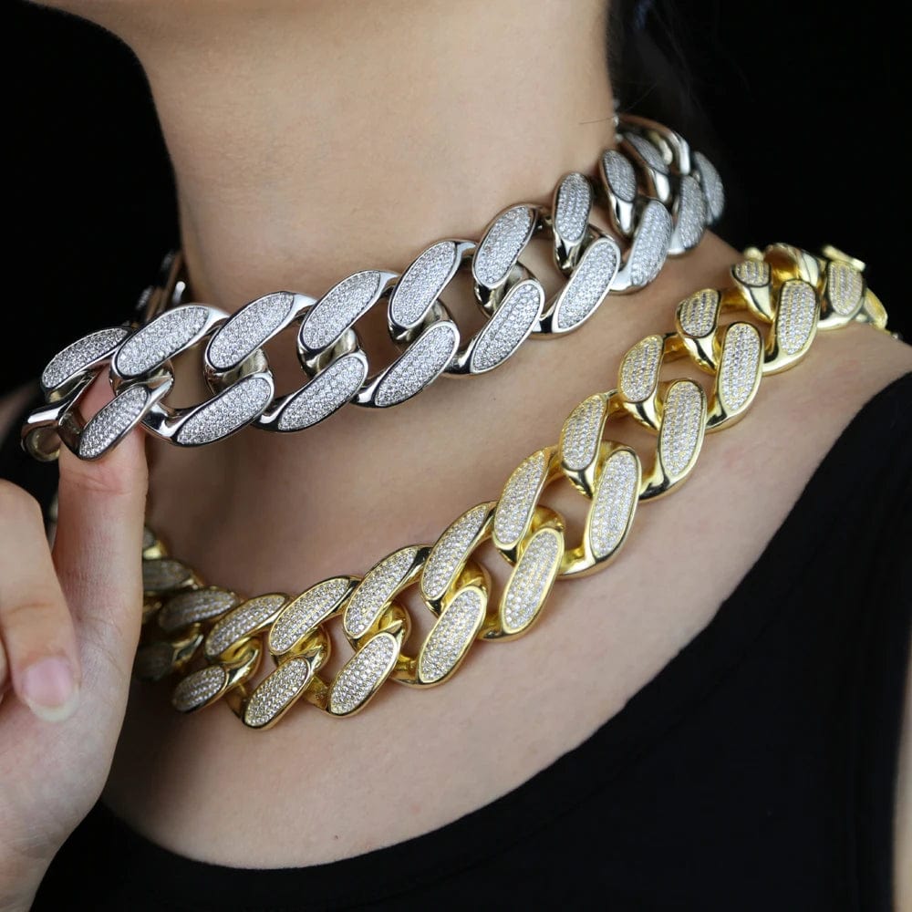 Promotion in stock iced out bling silver gold plated jewelry micro pave cz 30mm big heavy cuban link chain women necklace