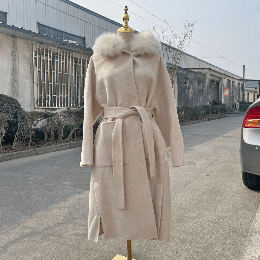 QIUCHEN- QC19055  hot-selling women warm trench jacket cashmere belt long plus size fox fur collar wool coat