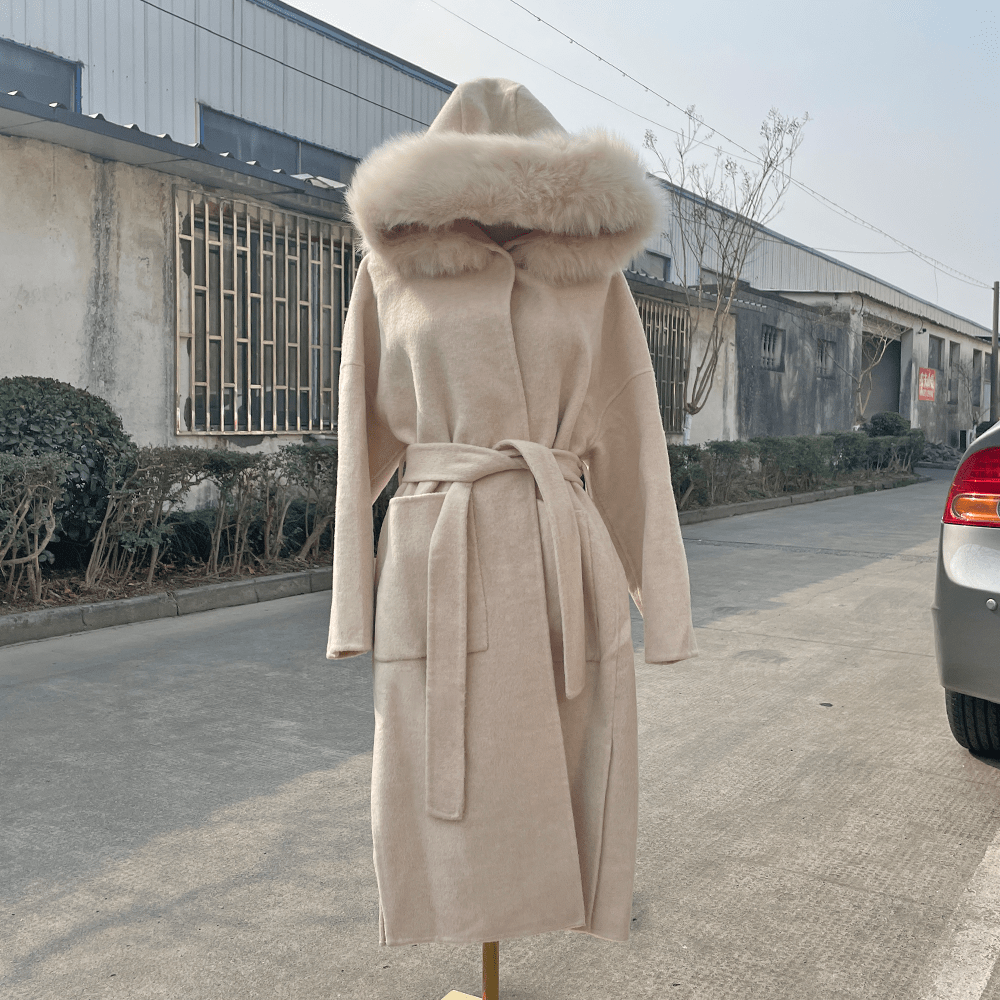 QIUCHEN- QC19055  hot-selling women warm trench jacket cashmere belt long plus size fox fur collar wool coat