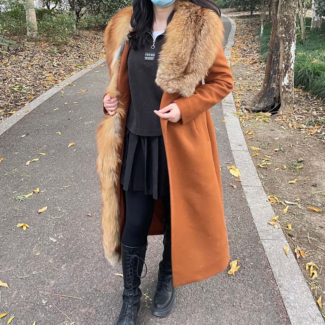 QIUCHEN QC21149 Fashion Winter Women Elegant Sexy Belt Luxury Woolen Jacket Cashmere Coat With Fox Fur