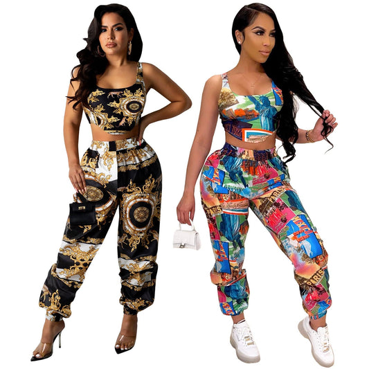 QM4284 new arrivals liberty print camisole short top trousers suit two piece set women