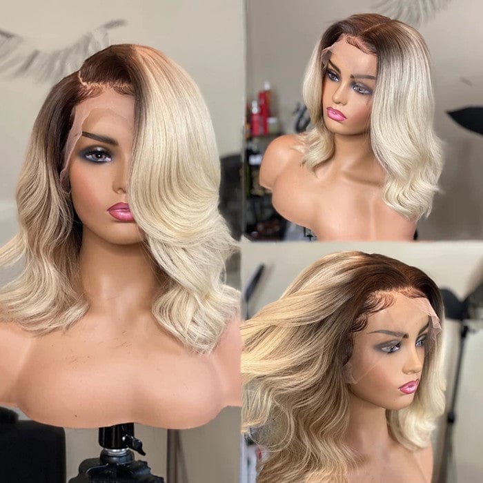 Quality European Hair Ombre Blonde Wave Short Bob Wig Health Young Raw Hair Transparent Swiss Lace Front Wigs