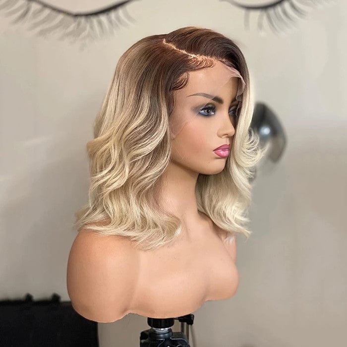 Quality European Hair Ombre Blonde Wave Short Bob Wig Health Young Raw Hair Transparent Swiss Lace Front Wigs