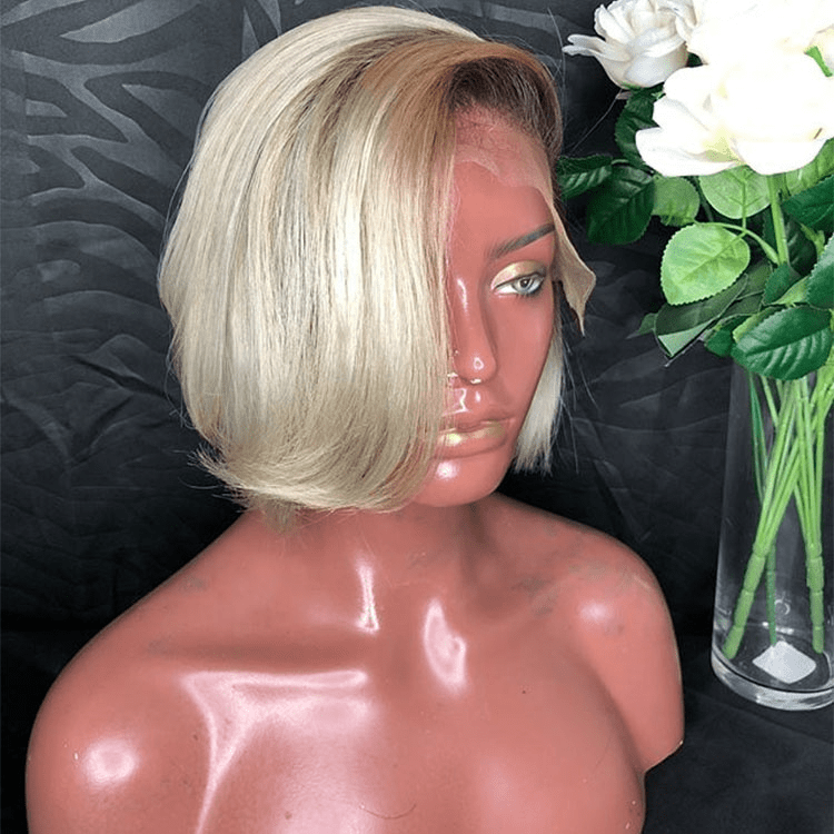 Quality Lace Frontal Wig Vendor Ombre 613 Blonde Wave Short Bob Raw Hair Transparent Swiss Lace Front Wigs With Brown Root