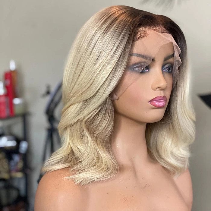 Quality Lace Frontal Wig Vendor Ombre 613 Blonde Wave Short Bob Raw Hair Transparent Swiss Lace Front Wigs With Brown Root