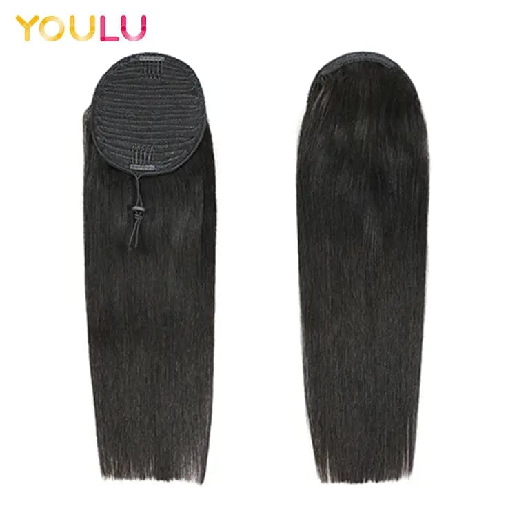 Real hair ponytail clip in straight water wave remy human hair extensions drawstring net for ponytail