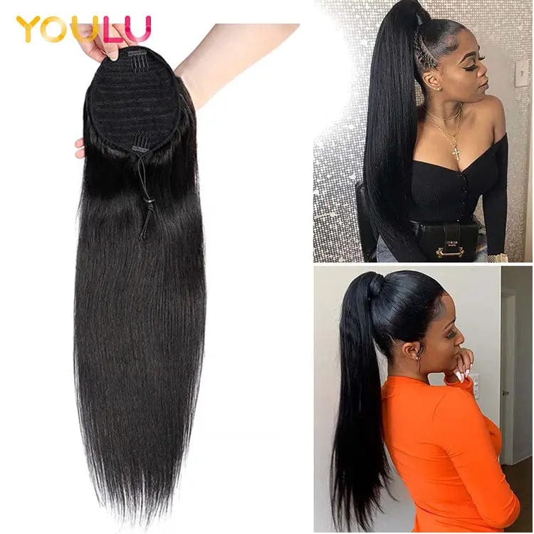 Real hair ponytail clip in straight water wave remy human hair extensions drawstring net for ponytail