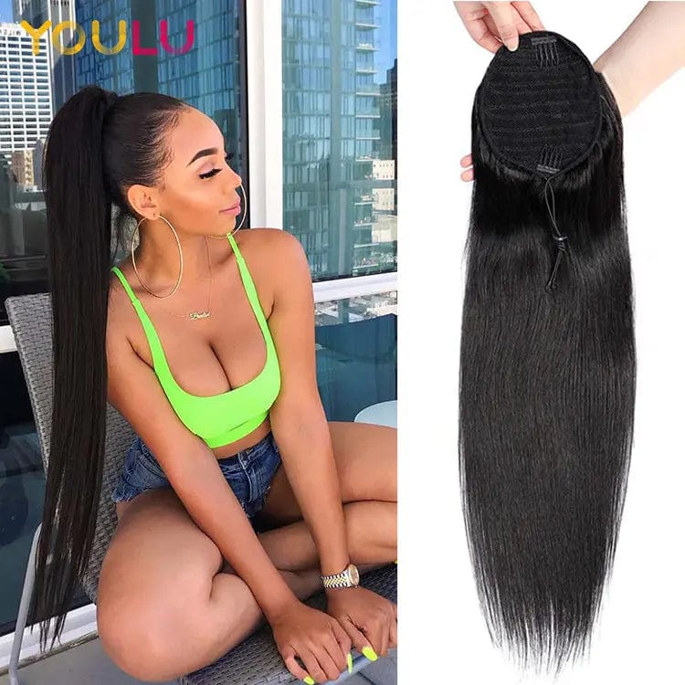 Real hair ponytail clip in straight water wave remy human hair extensions drawstring net for ponytail