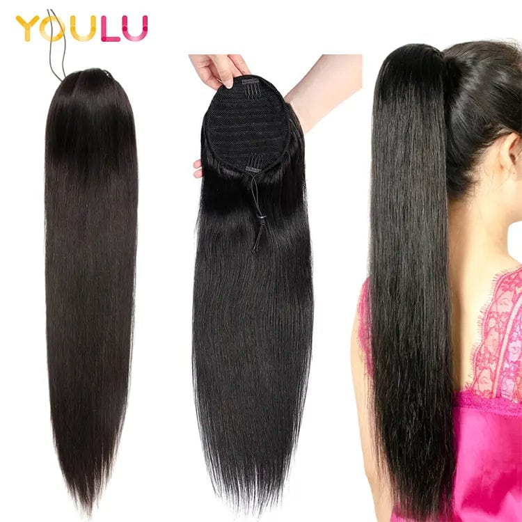 Real hair ponytail clip in straight water wave remy human hair extensions drawstring net for ponytail