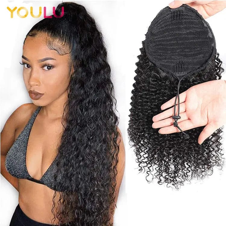 Real hair ponytail clip in straight water wave remy human hair extensions drawstring net for ponytail