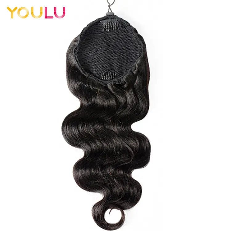 Real hair ponytail clip in straight water wave remy human hair extensions drawstring net for ponytail