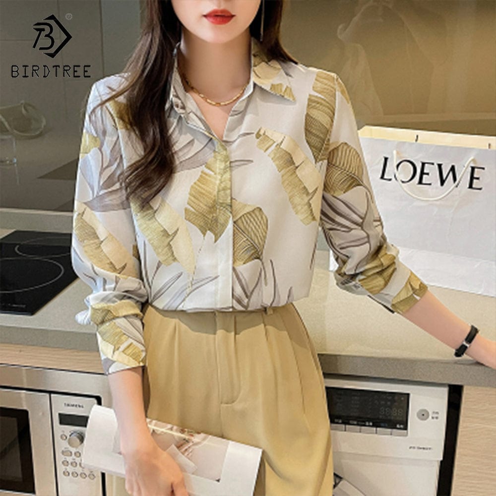 Real Shot 2022 Autumn New Blouses Fashion European and American Tropical Rainforest Printing Loose Long-Sleeved Shirts T28002X