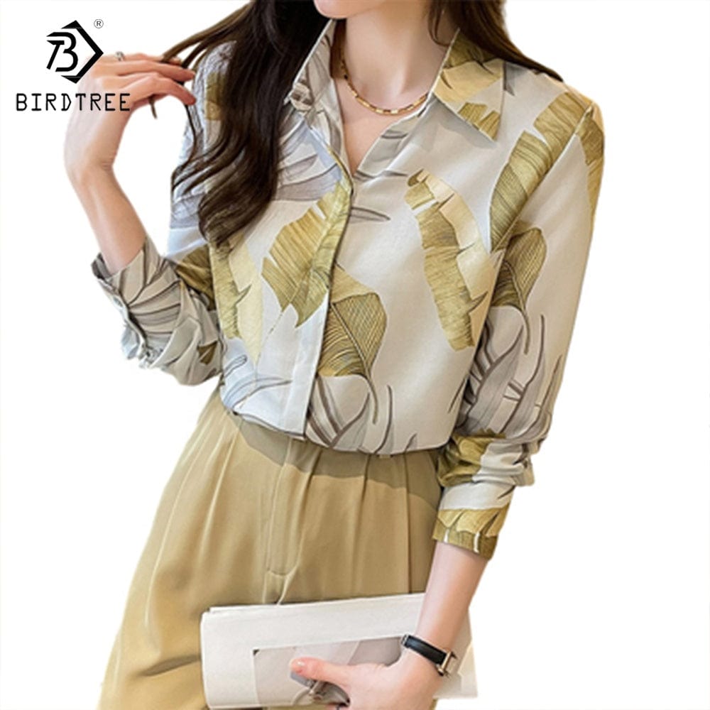 Real Shot 2022 Autumn New Blouses Fashion European and American Tropical Rainforest Printing Loose Long-Sleeved Shirts T28002X