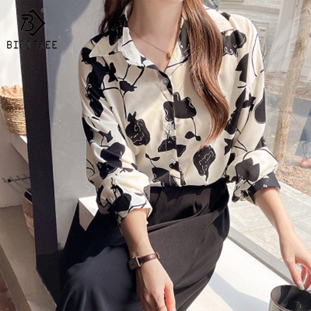 Real Shot 2022 Early Autumn New French Retro Fashion Loose And Lazy Temperament Rose Print Long Sleeved Shirt Women T288091X