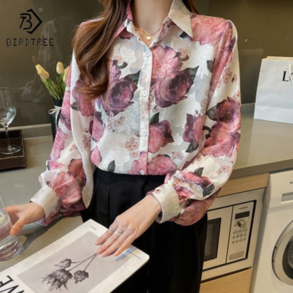 Real Shot Printed Embroidered Shirt Women's 2022 Autumn New Loose Lantern Sleeves European and American Style Chiffon S T28813X