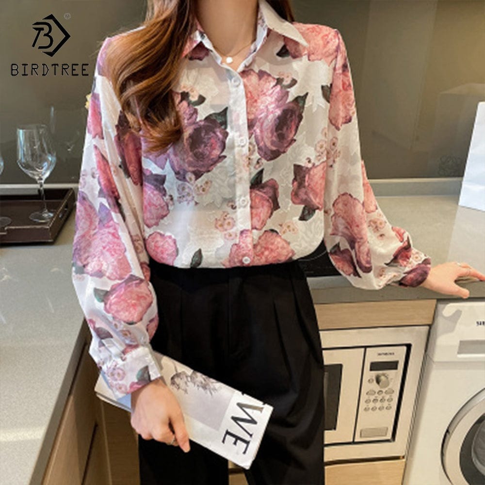 Real Shot Printed Embroidered Shirt Women's 2022 Autumn New Loose Lantern Sleeves European and American Style Chiffon S T28813X