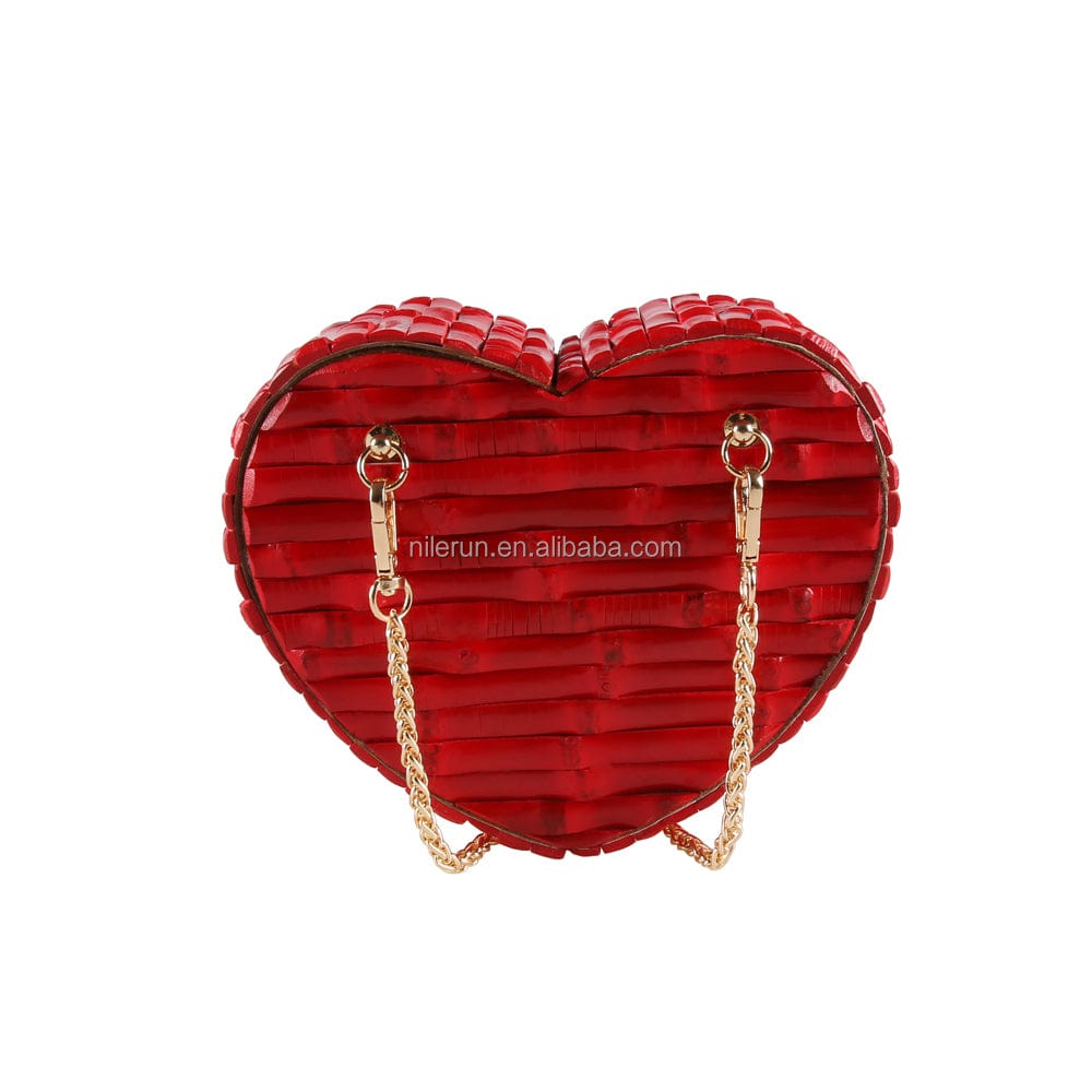 Red Nilerun Brand Fashion New Latest Unique Handmade Painted Shiny Red Cute Heart Shape Bamboo Root Purse Handbag Tote Shoulder Bag