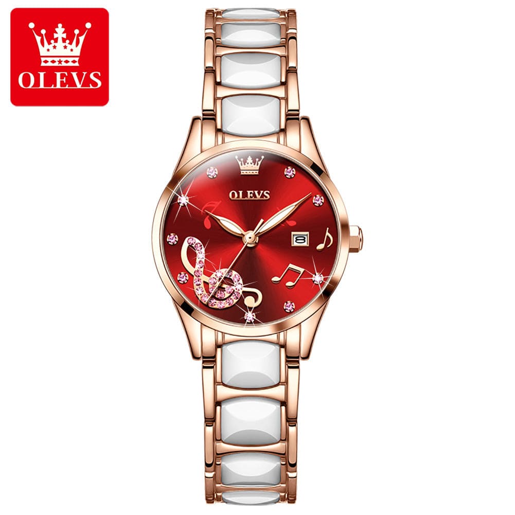 Red OLEVS 3605 Creative Watch Women  Ceramic Bracelet Watches Female Clock Watches Ladies