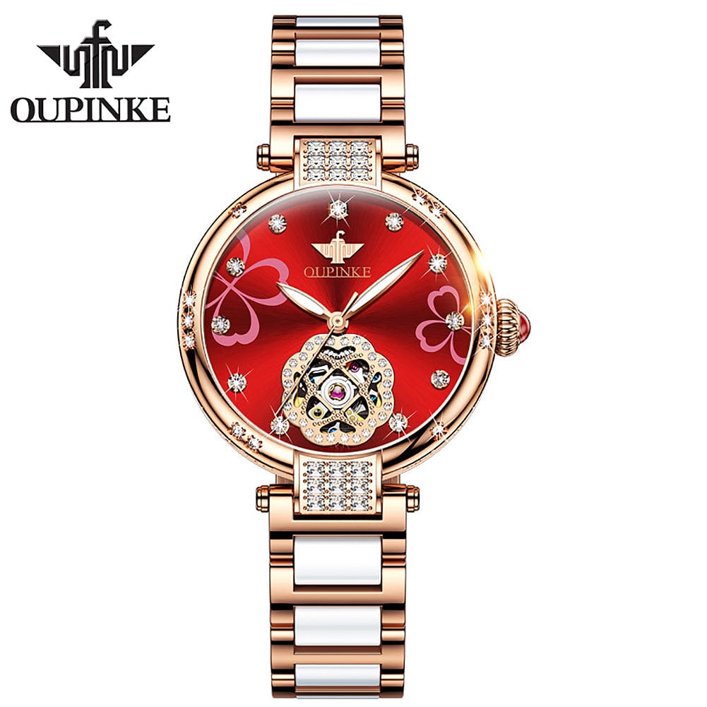 Red OUPINKE 3183 Women Watches in Wristwatches Automatic Mechanical Women Gold Watch