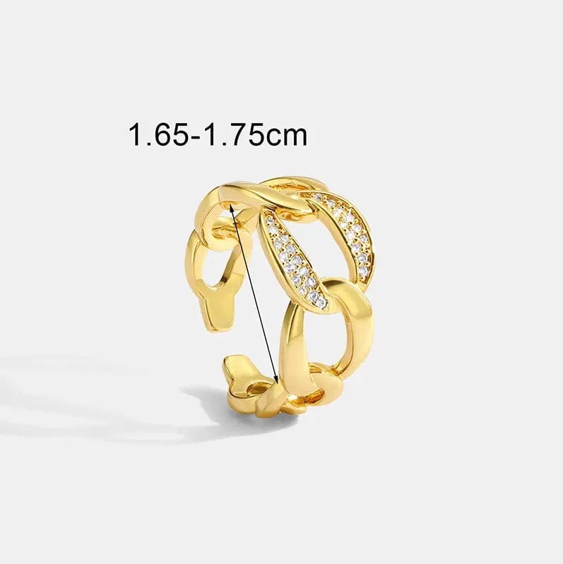 Resizable / Gold-CYR0087 Niche Metallic Diamond Cuban Chain Open Ring Copper Gold Plated Zircon Fashion Index Ring