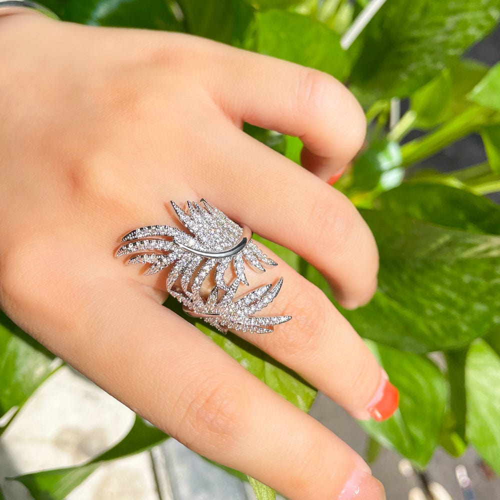 Resizable / J0194 Micro Pave Setting Cubic Zirconia Big Feather Shaped Long Finger Adjustable Rings for Women Summer Cocktail Jewelry Accessory