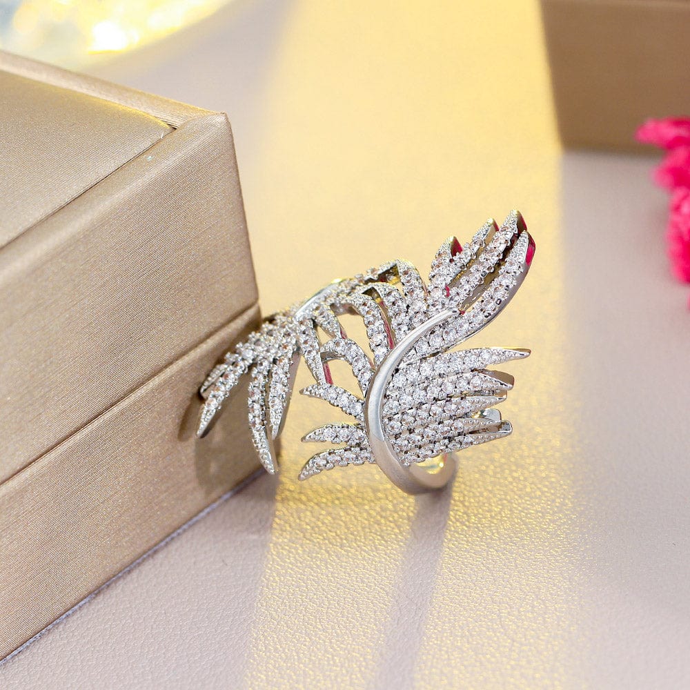 Resizable / J0194 Micro Pave Setting Cubic Zirconia Big Feather Shaped Long Finger Adjustable Rings for Women Summer Cocktail Jewelry Accessory