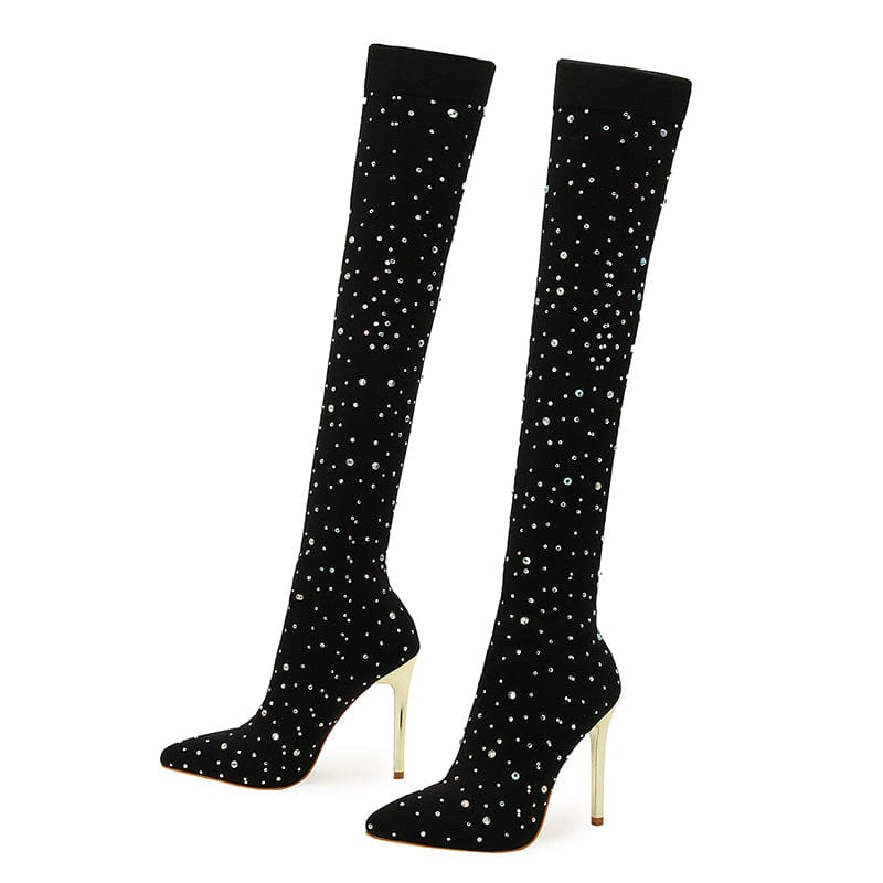 Rhinestone Elastic Knee-High Boots 2023 New Pointed Toe Stiletto Solid High-heeled High Slip On lady Pumps Shoes Women Boots