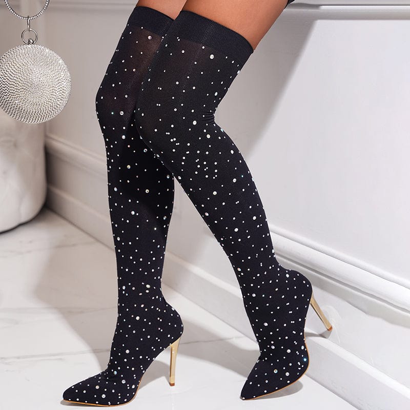 Rhinestone Elastic Knee-High Boots 2023 New Pointed Toe Stiletto Solid High-heeled High Slip On lady Pumps Shoes Women Boots