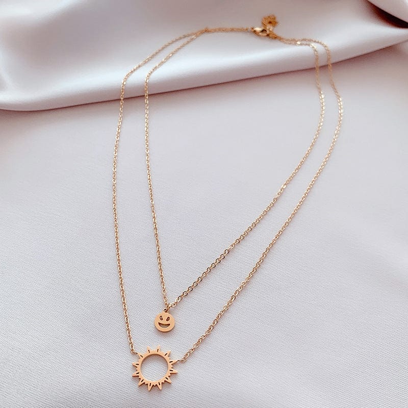 Rose gold double-layer necklace Stainless Steel Smiley Sunflower Double Layer Necklace For Women Gold Metal Smile Sun Double Layer Set Choker High Quality