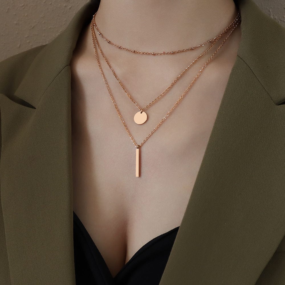 Rose gold geometric three-layer necklace New Three Layer Geometric Round Piece Long Pendant Necklace Fashion Chain Female Simple Temperament