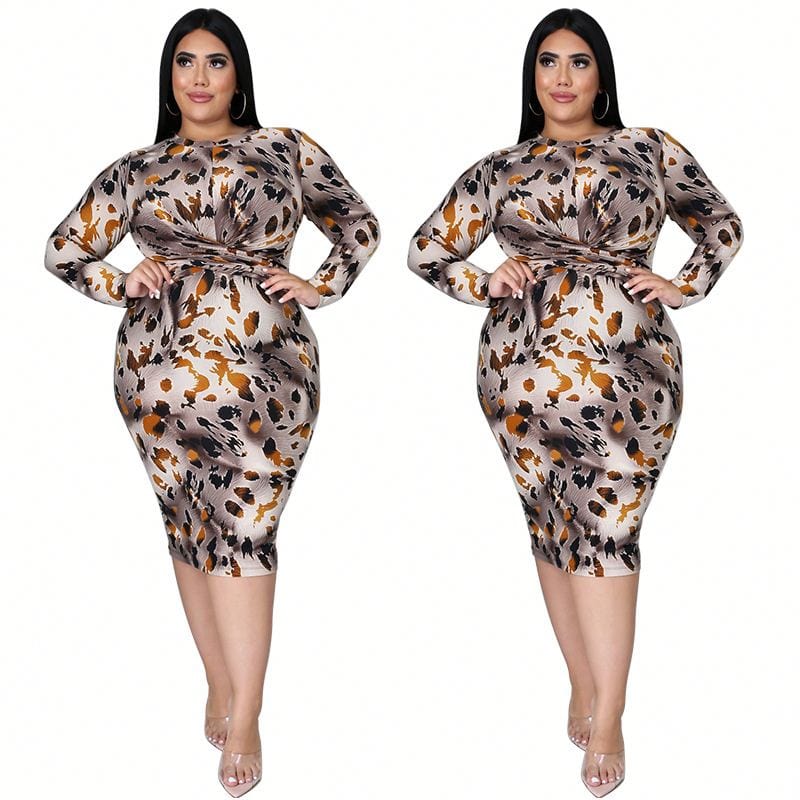 RX-5001 Latest design summer printed bodycon dress knee length long sleeve plus size women dress clothing