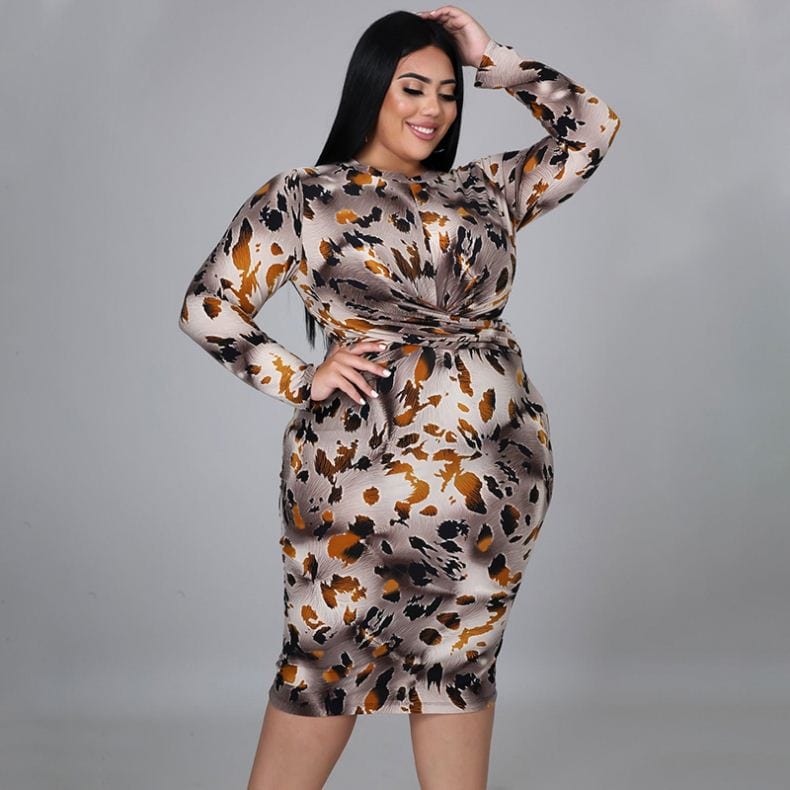 RX-5001 Latest design summer printed bodycon dress knee length long sleeve plus size women dress clothing