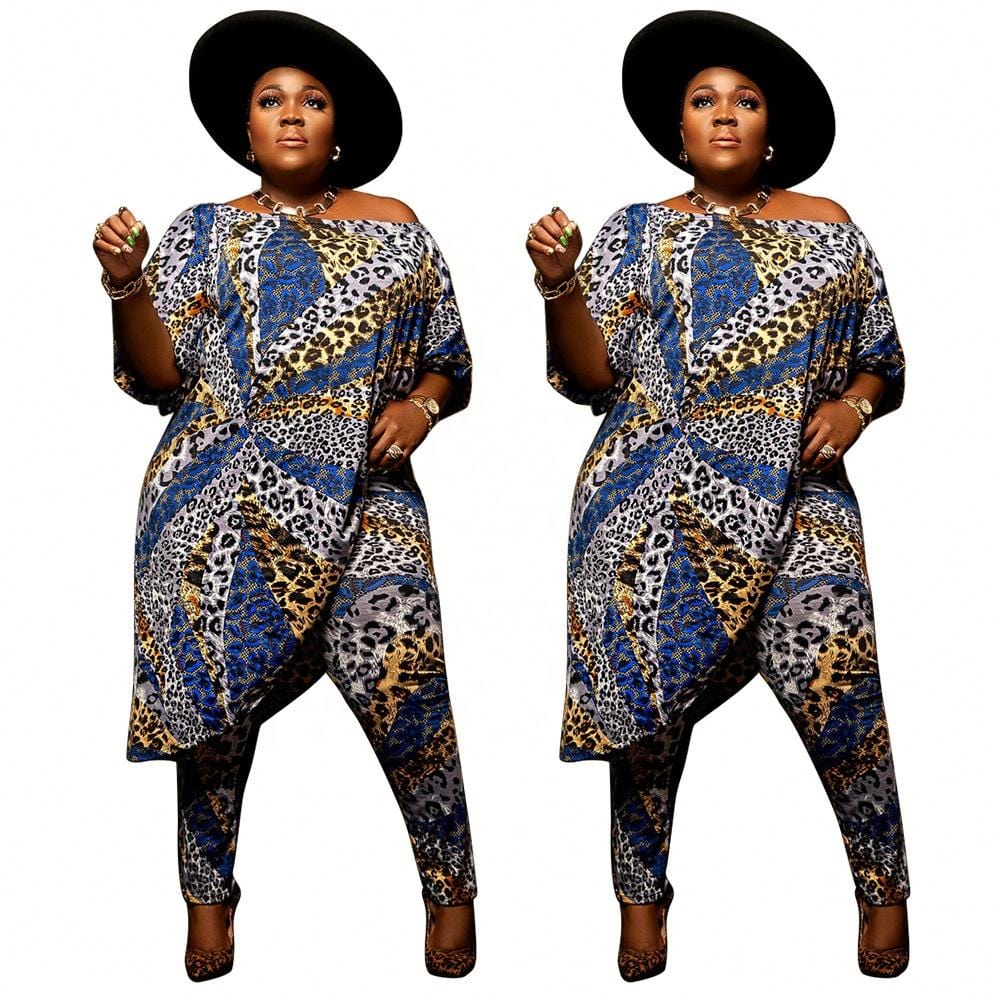 RX Hot sale plus size 2piece set two piece sets plus size leopard 2pc pants set women